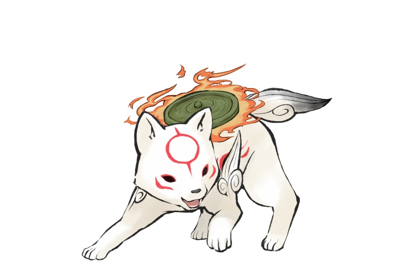 capcom chibi chibiterasu dog fire no_humans official_art onimusha_soul ookami_(game) ookamiden puppy reflector solo weapon wolf