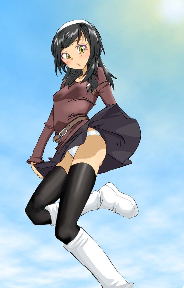 1girl alternate_costume belt bike_shorts breasts commentary_request end_of_eternity female_focus graphite_(medium) long_hair looking_at_viewer millipen_(medium) onnaski panties pantyshot pen_(medium) project_x_zone reanbell skirt solo traditional_media underwear