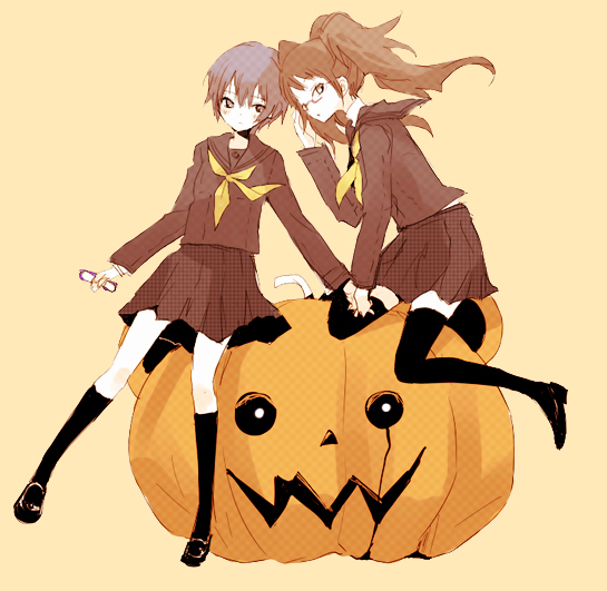 2girls atlus bad_id bad_pixiv_id blue_hair brown_hair chiku glasses jack-o&#039;-lantern kujikawa_rise legs long_hair multiple_girls persona persona_4 pumpkin school_uniform serafuku shirogane_naoto short_hair thighhighs twintails