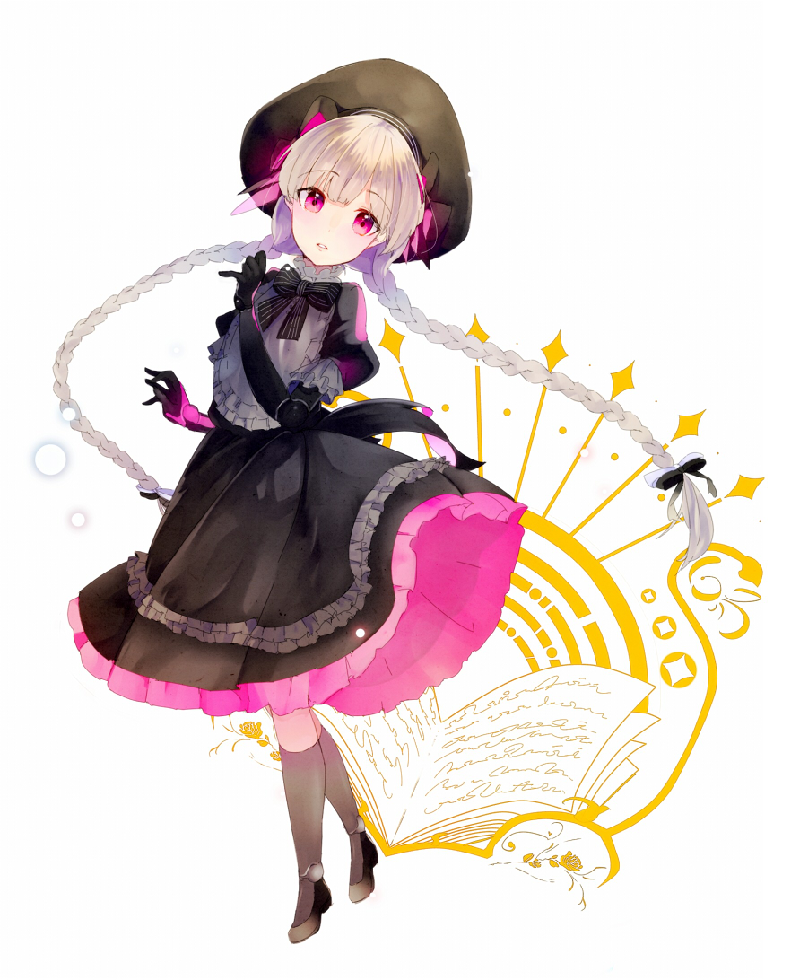1girl alice_(fate) book braid doll_joints dress elbow_gloves fate/grand_order fate_(series) female_focus gloves hat joints long_hair nursery_rhyme_(fate) nursery_rhyme_(fate/grand_order) purple_eyes semiko_(kamibukuro) silver_hair solo twin_braids very_long_hair