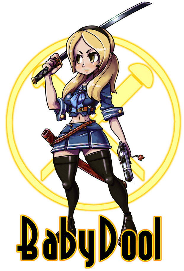 1girl alex_ahad_(style) baby_doll_(sucker_punch) belt blonde_hair blush breasts english_text engrish_text frown gun hairband handgun hip_focus katana large_breasts long_hair midriff navel parody pistol ranguage ribbon sheath shioinu_kemushi simple_background skirt skullgirls style_parody sucker_punch sword thick_thighs thighhighs thighs twintails typo weapon white_background wide_hips yellow_eyes zettai_ryouiki