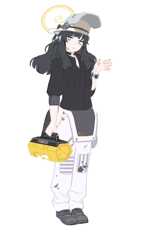 1girl alternate_costume animal_ears bare_arms black_hair blue_archive choker concept_art dirty dog_ears dog_tail full_body grey_overalls halo hand_up hibiki_(blue_archive) holding long_hair mechanic mimitoke overalls purple_eyes short_sleeves simple_background solo tail toolbox welding_mask white_background wristband