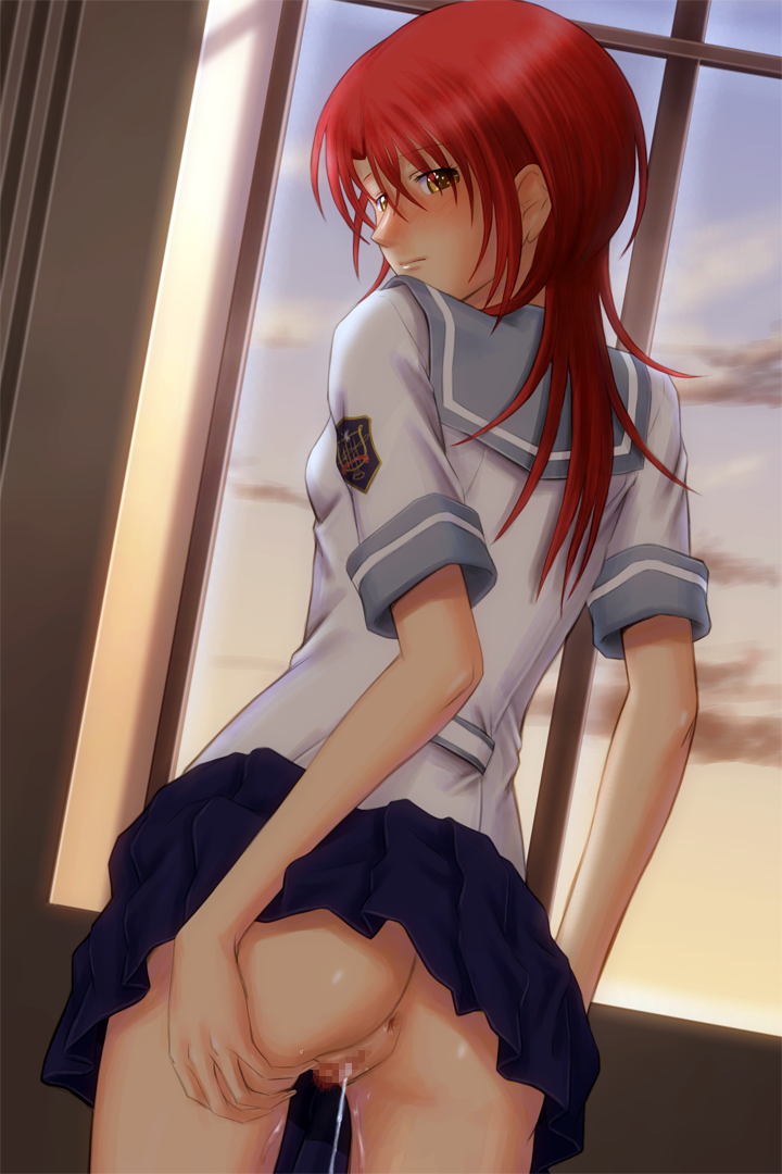 1girl after_vaginal aftersex anus blue_skirt blush bonnie_(rsg) breasts brown_eyes censored clothes_lift commentary_request cowboy_shot cum cum_in_pussy cum_string cumdrip dutch_angle from_behind grey_sailor_collar hair_between_eyes hino_kahoko la_corda_d&#039;oro long_hair looking_back miniskirt mosaic_censoring no_panties pleated_skirt pubic_hair red_hair sailor_collar sailor_shirt school_uniform shirt short_sleeves skirt skirt_lift small_breasts solo standing straight_hair white_shirt