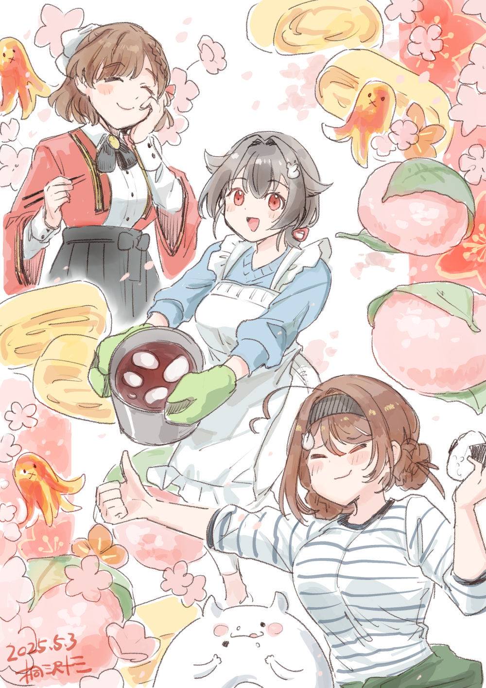 3girls abyssal_ship ahoge apron asahi_(kancolle) black_hakama blue_sweater brown_hair chougei_(kancolle) chougei_(spring)_(kancolle) closed_eyes clothes_around_waist coat cooking_pot enemy_lifebuoy_(kancolle) food food_art green_jacket grey_headband hair_flaps hair_ornament hakama headband highres jacket jacket_around_waist japanese_clothes jingei_(kancolle) jingei_(spring)_(kancolle) kantai_collection kirisawa_juuzou low_ponytail mochi mole mole_under_mouth multiple_girls oven_mitts pants parody ponytail red_coat ribbon sakura_mochi shirt short_hair striped_clothes striped_shirt sweater tako-san_wiener thumbs_up wagashi whale_hair_ornament white_apron white_pants white_ribbon