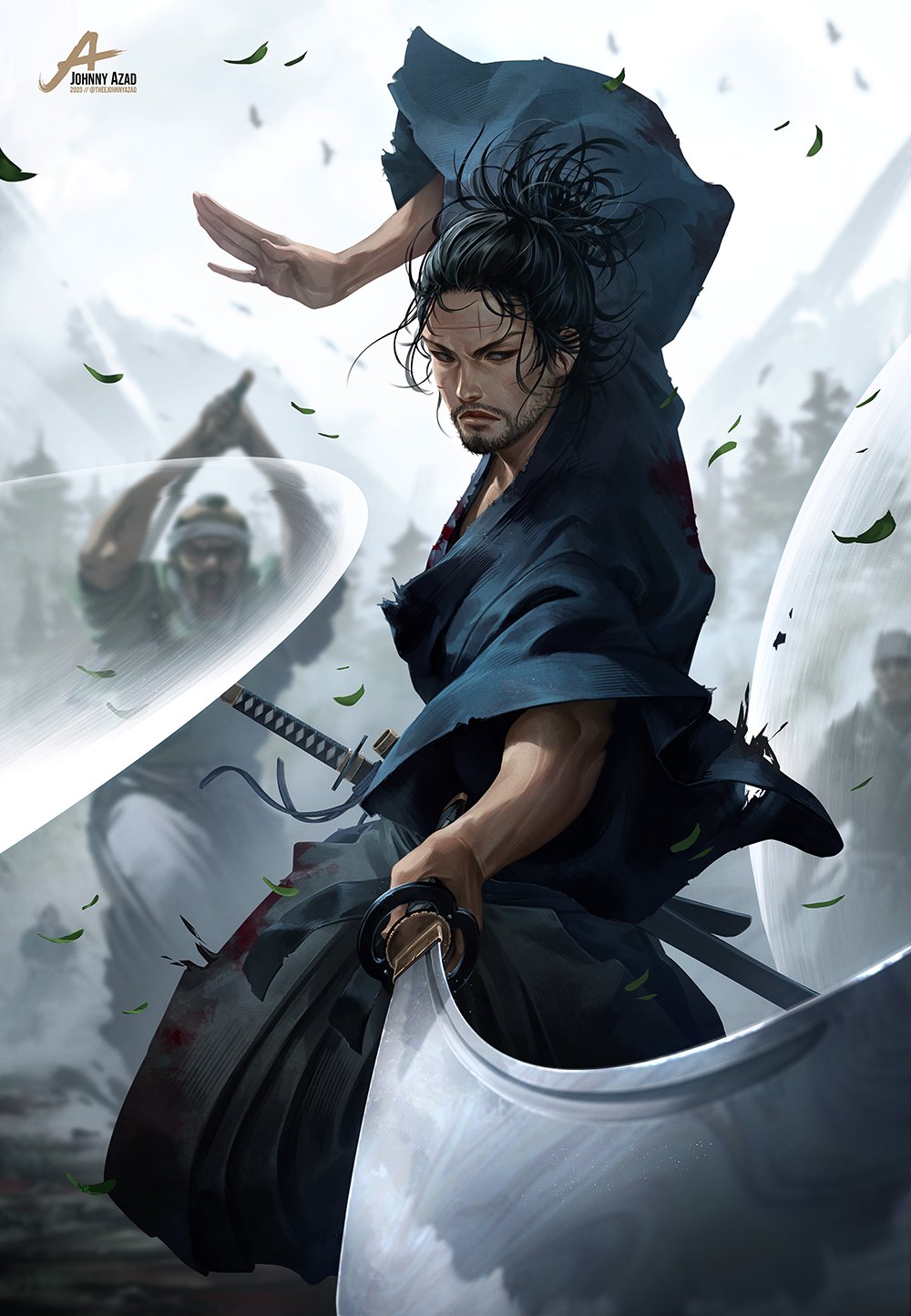 3boys arm_up beard black_hair blood commentary english_commentary facial_hair frown hakama hakama_pants highres holding holding_sword holding_weapon incoming_attack japanese_clothes jidaigeki johnny_azad katana leaf long_sleeves mature_male medium_hair miyamoto_musashi_(vagabond) multiple_boys pants samurai slashing sword vagabond weapon