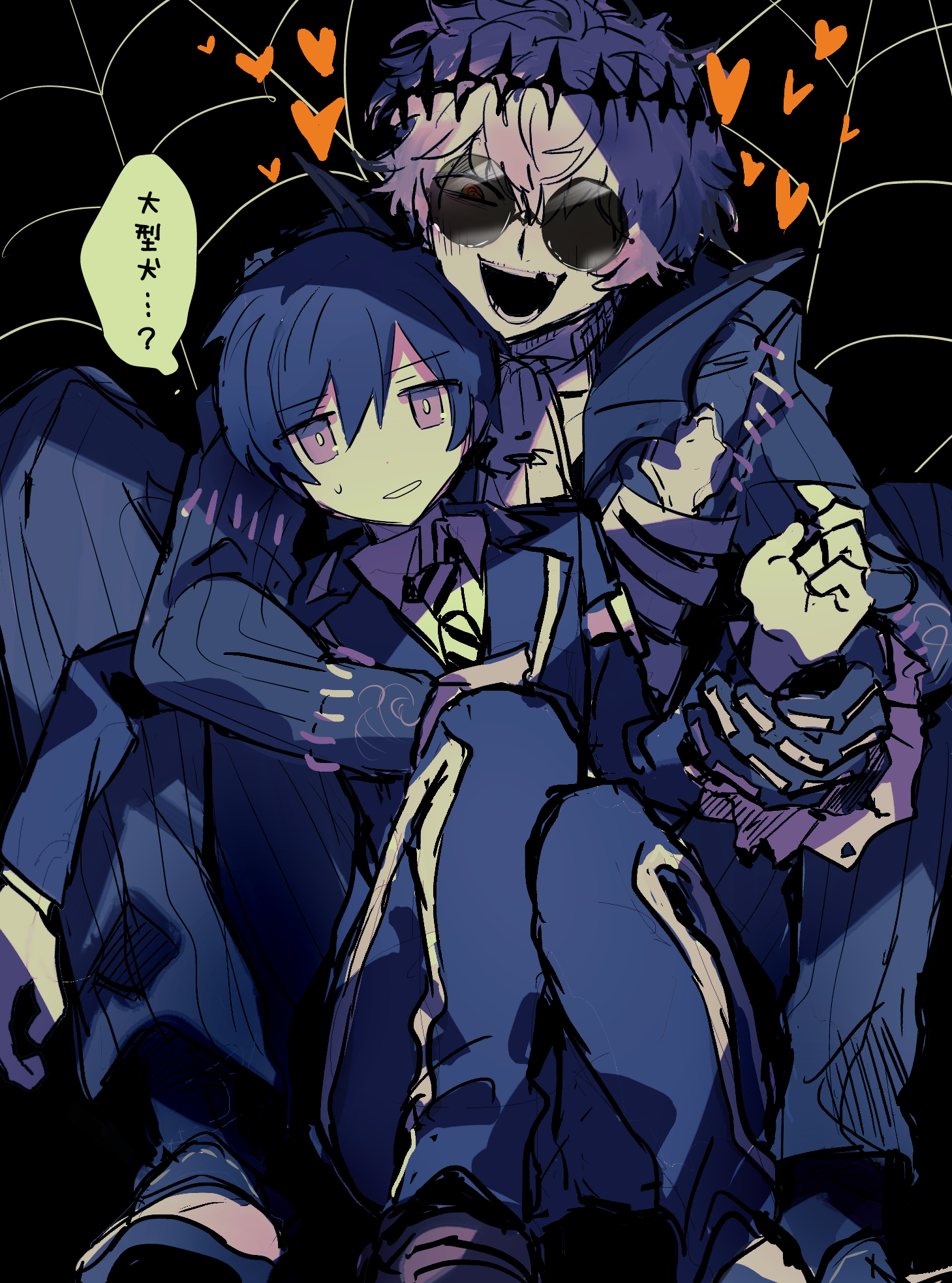 2boys ascot black_coat black_hair coat commentary_request fuji_den_fujiko grabbing_another's_arm highres knees_up looking_at_another loving_aura male_focus missing_tooth multiple_boys night_raven_college_uniform orange_eyes ringed_eyes round_eyewear short_hair silk sitting skully_j._graves spider_web sunglasses translation_request twisted_wonderland yuu_(twisted_wonderland)