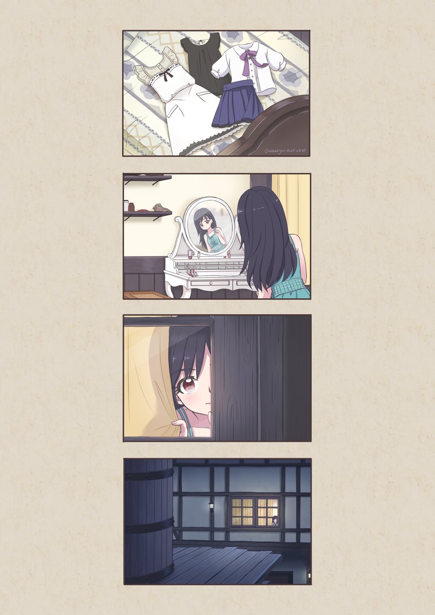 1girl aged_down aqua_dress asami_yutori bare_shoulders black_hair child commentary_request curtains dress final_fantasy final_fantasy_vii final_fantasy_vii_remake highres house indoors leaning_to_the_side long_hair looking_at_food looking_outside multiple_views nibelheim night red_eyes sequential skirt sundress tifa_lockhart unworn_dress unworn_shirt unworn_skirt water_tank water_tower window
