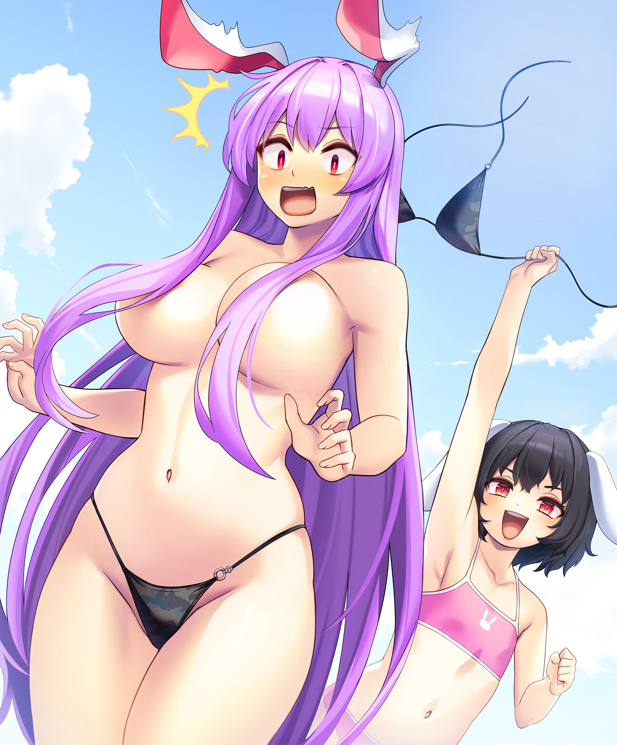 2girls ^^^ absurdres animal_ears bikini black_bikini black_hair blue_sky blush breasts clothes_theft commentary_request cowboy_shot day flat_chest floppy_ears groin hair_over_breasts highres inaba_tewi large_breasts long_hair looking_down multiple_girls navel open_mouth outdoors pink_bikini purple_hair rabbit_ears rabbit_girl red_eyes reisen_udongein_inaba short_hair sky surprised swimsuit swimsuit_theft tarmo theft topless_female touhou very_long_hair