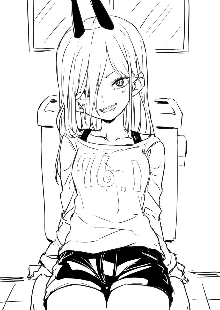 1girl aged_down bathroom blush breasts chainsaw_man collarbone demon_girl demon_horns denim denim_shorts gazacy_(dai) hair_between_eyes highres horns indoors large_breasts long_hair long_sleeves looking_at_viewer power_(chainsaw_man) print_shirt red_horns sharp_teeth shirt short_shorts shorts sitting smile solo_focus symbol-shaped_pupils teeth thighs toilet window