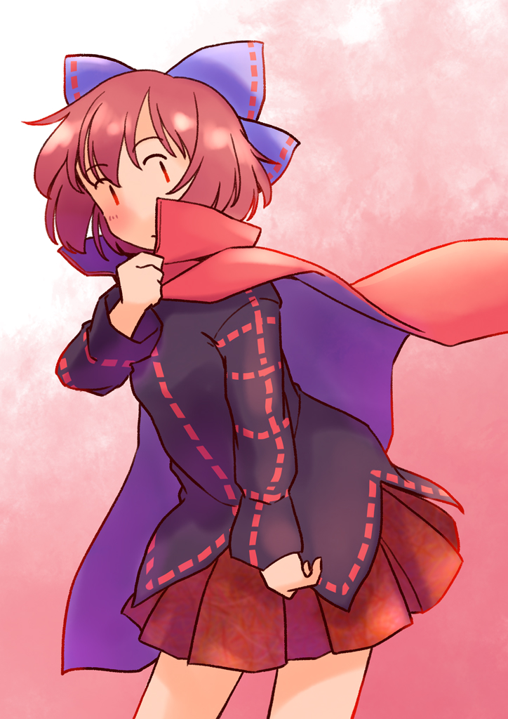 1girl black_shirt blue_bow bow cape collared_cape commentary_request cowboy_shot hair_bow hand_up long_sleeves miniskirt pleated_skirt rangycrow red_background red_cape red_eyes red_hair red_skirt red_theme ribbon-trimmed_bow ribbon_trim sekibanki sekibanki_day shirt skirt solo touhou |_|