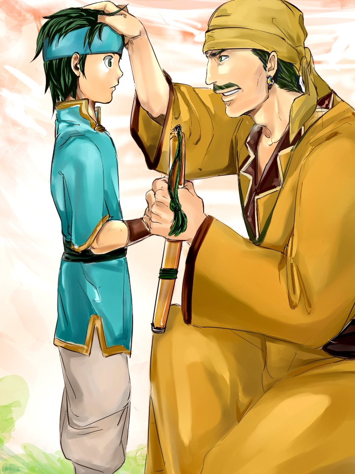 2boys aged_down bad_id bad_pixiv_id bandana child dayan_(fire_emblem) earrings facial_hair fire_emblem fire_emblem:_the_binding_blade fire_emblem:_the_blazing_blade green_eyes green_facial_hair green_hair guy_(fire_emblem) headband jewelry makiya_(artist) multiple_boys mustache nintendo sword weapon