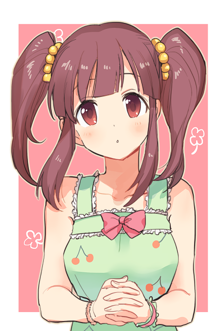 1girl bare_shoulders beads blush border bow bowtie bracelet breasts brown_eyes brown_hair cherry_print clover collarbone dot_nose dress food_print frilled_dress frills fruit_print green_dress hair_beads hair_ornament idolmaster idolmaster_cinderella_girls idolmaster_cinderella_girls_starlight_stage interlocked_fingers jewelry lips long_hair looking_at_viewer ogata_chieri outside_border pink-backed_pelican_(kemono_friends) pink_bow pink_bowtie pink_scrunchie print_dress scrunchie sidelocks sleeveless sleeveless_dress small_breasts solo twintails white_border wrist_scrunchie yunion_(sibujya)