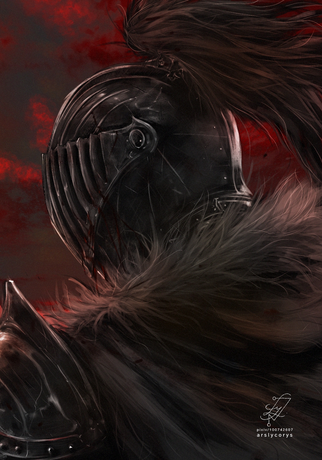 1boy armor ars_lycorys artist_name black_souls from_behind full_armor grimm_(black_souls) helmet highres pixiv_id red_background signature solo upper_body