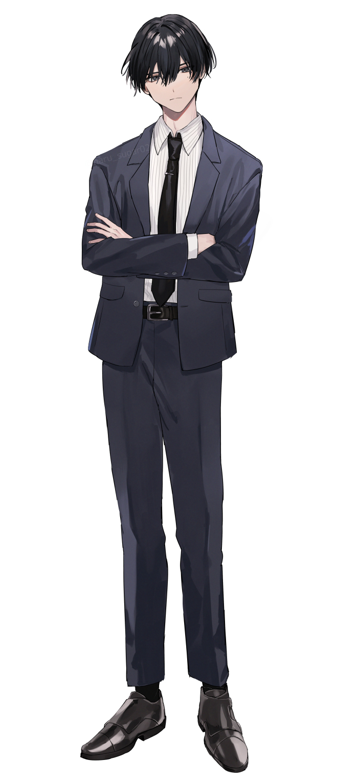 1boy belt black_belt black_footwear black_hair black_necktie closed_mouth collared_shirt commentary_request crossed_arms formal_clothes full_body grey_eyes grey_jacket grey_pants grey_suit hair_between_eyes highres jacket long_sleeves male_focus mole mole_under_eye necktie original pants shirt shirt_tucked_in short_hair shugao simple_background solo straight-on striped_clothes striped_shirt suit suit_jacket tie_clip white_background