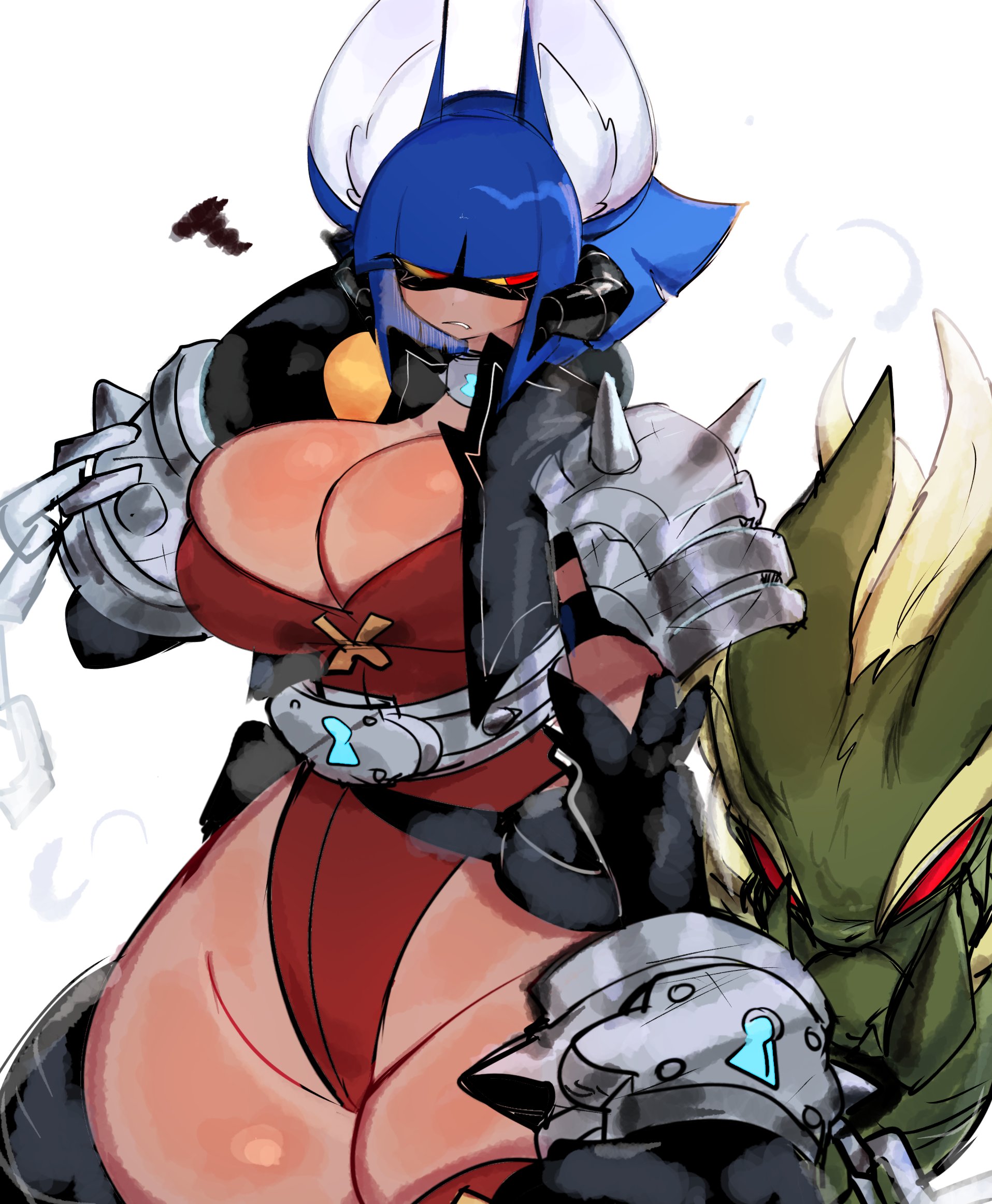 1girl animal_ear_fluff animal_ears black_jacket blue_hair bracelet breasts chain chimera cleavage collar colored_sclera commission eye_mask frown highres horns huge_breasts jacket jewelry leotard lock medium_hair metal_collar open_clothes open_jacket original red_eyes shoulder_pads spiked_bracelet spiked_shoulder_pads spikes tail thick_thighs thighhighs thighs usa37107692 wide_hips yellow_sclera