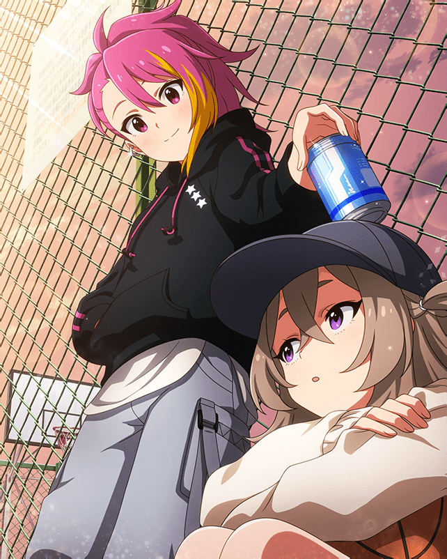 2girls artist_request ball basketball_(object) basketball_hoop blonde_hair brown_hair can card_(medium) cloud female_focus fence hat holding holding_ball holding_can hood hoodie idolmaster idolmaster_million_live! idolmaster_million_live!_theater_days maihama_ayumu multicolored_hair multiple_girls official_art pink_hair purple_eyes smile star_(symbol) suou_momoko