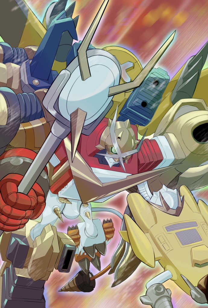 digimon digimon_(creature) digimon_xros_wars fusion green_eyes microphone shoutmon_x7 solo tail