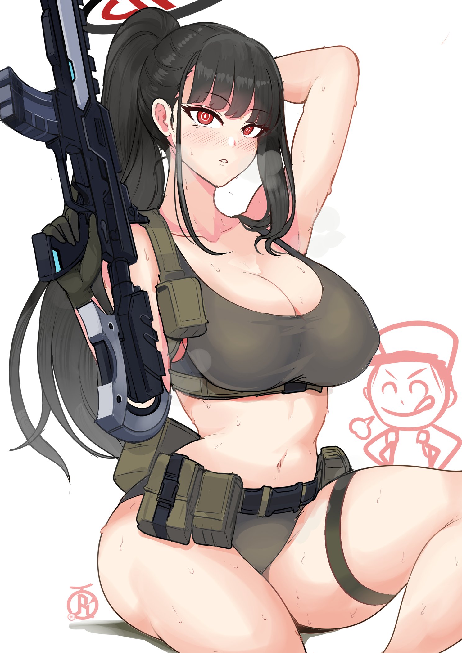 1boy 1girl alternate_costume arm_up assault_rifle belt black_hair blue_archive breasts cleavage commentary doodle_sensei_(blue_archive) english_commentary gloves green_gloves green_panties green_sports_bra gun halo high_ponytail highres holding holding_gun holding_weapon holster large_breasts long_hair looking_at_viewer panties parted_lips ponytail red_eyes revolverwing rifle sensei_(blue_archive) simple_background sitting solo_focus sports_bra sweat tactical_clothes thigh_strap thighs underwear very_long_hair weapon white_background