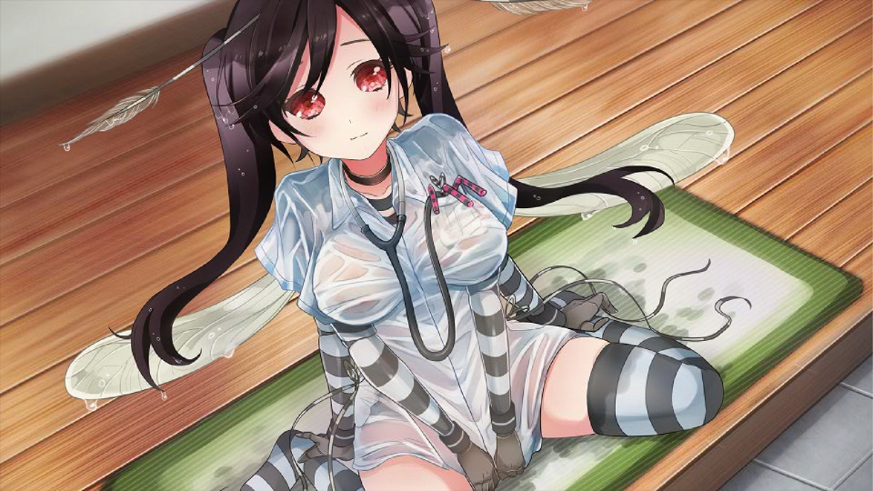 1girl antennae arthropod_girl artist_request black_hair blush breast_pocket breasts carapace ceska_(monster_musume) dress drinking_straw extra_arms game_cg long_hair looking_at_viewer medium_breasts monster_musume_no_iru_nichijou monster_musume_no_iru_nichijou_online mosquito_girl official_art pocket red_eyes solid_eyes solo stethoscope striped_arm_warmers striped_clothes striped_thighhighs thighhighs twintails wet white_dress zettai_ryouiki