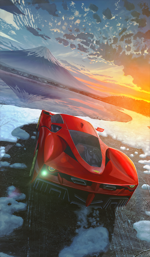 banishment blue_sky car chocolate_river_no_sono_saki_ni cloud commentary_request dutch_angle fate/grand_order fate_(series) motor_vehicle mount_fuji no_humans official_art outdoors reflection reflective_water scenery sky snow third-party_source vehicle_focus