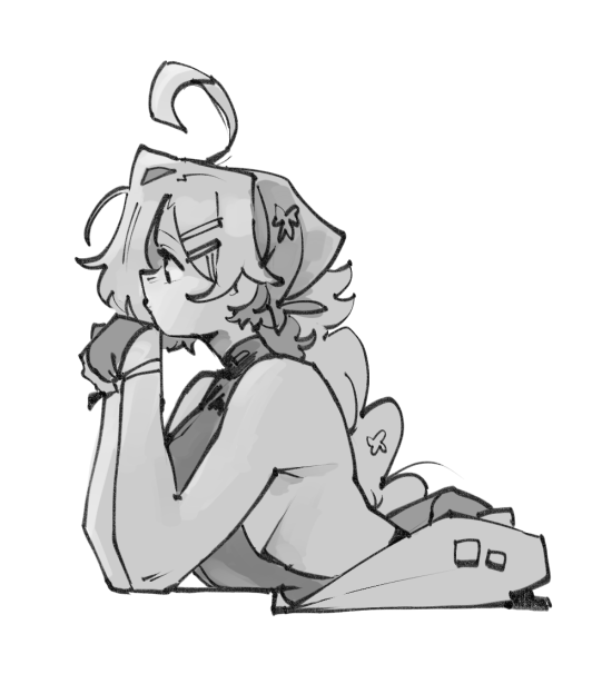 1girl ahoge arm_support bare_arms from_side greyscale kinzaibatsu91 monochrome original sleeveless solo white_background