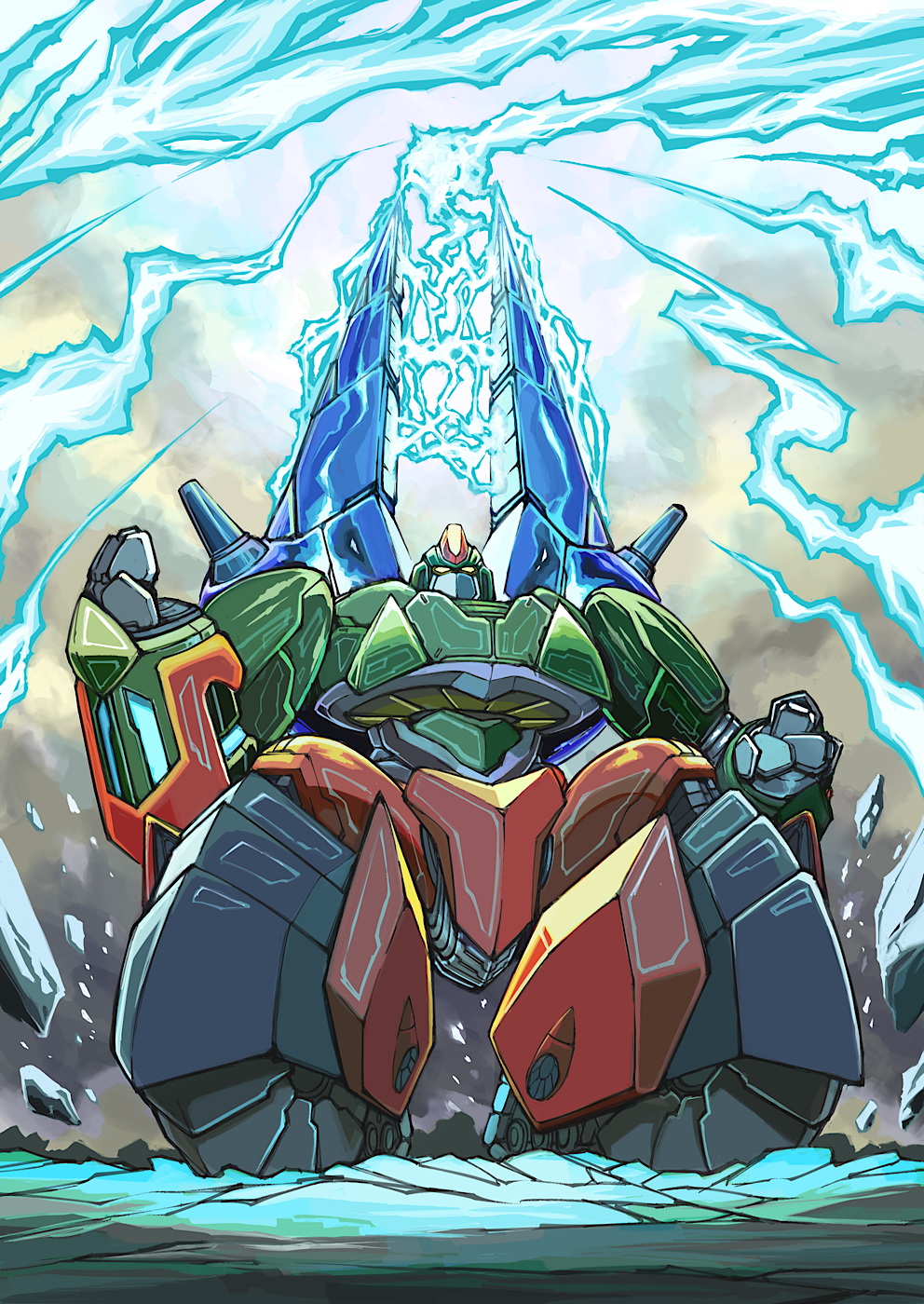 caterpillar_tracks dengeki electricity energy_cannon gattai getter_robo getter_robo_go highres ishikawa_ken_(character) ishikawa_ken_(style) mecha mecha_focus no_humans robot science_fiction shin_getter_robo_vs_neo_getter_robo super_robot weapon yamanushi