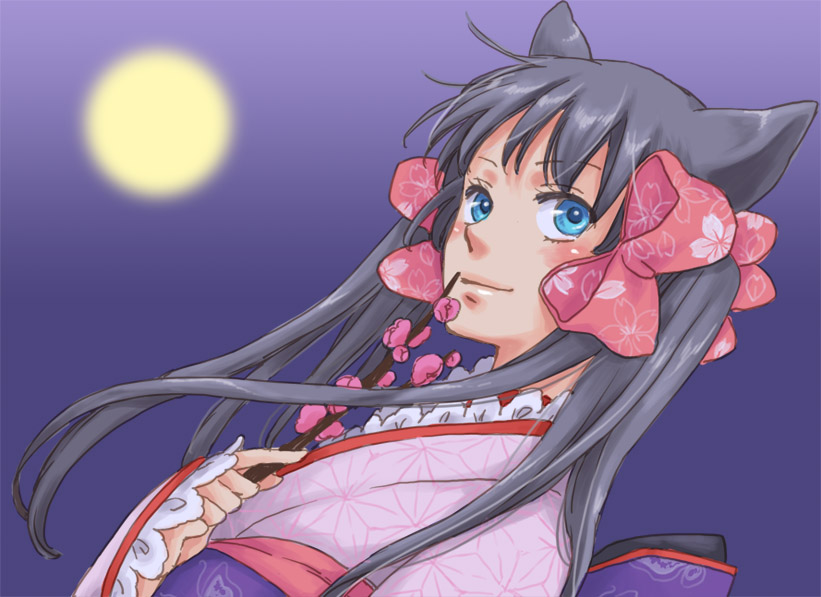 1girl animal_ears asa_no_ha_(pattern) bad_id bad_pixiv_id black_hair blue_eyes blush bow branch dutch_angle female_focus flower fox_ears hair_bow hair_ribbon japanese_clothes kimono long_hair moon night obi otome_youkai_zakuro pink_bow ribbon rihara sash smile solo twintails upper_body zakuro zakuro_(otome_youkai_zakuro)