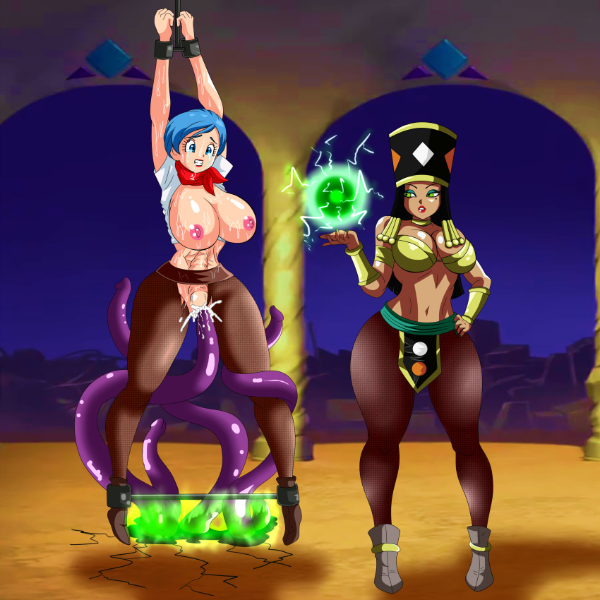 2girls breasts bulma cum dark-skinned_female dark_skin dicasty dragon_ball dragon_ball_super female_focus helles multiple_girls nipples pussy tentacle_sex tentacles