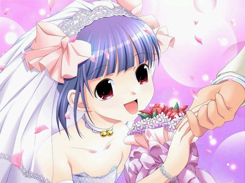 1boy androgynous aojiru bouquet bridal_veil bride choker crossdressing dress flower game_cg hanamaru! kirishima_sumire open_mouth purple_hair red_eyes trap veil wedding_dress