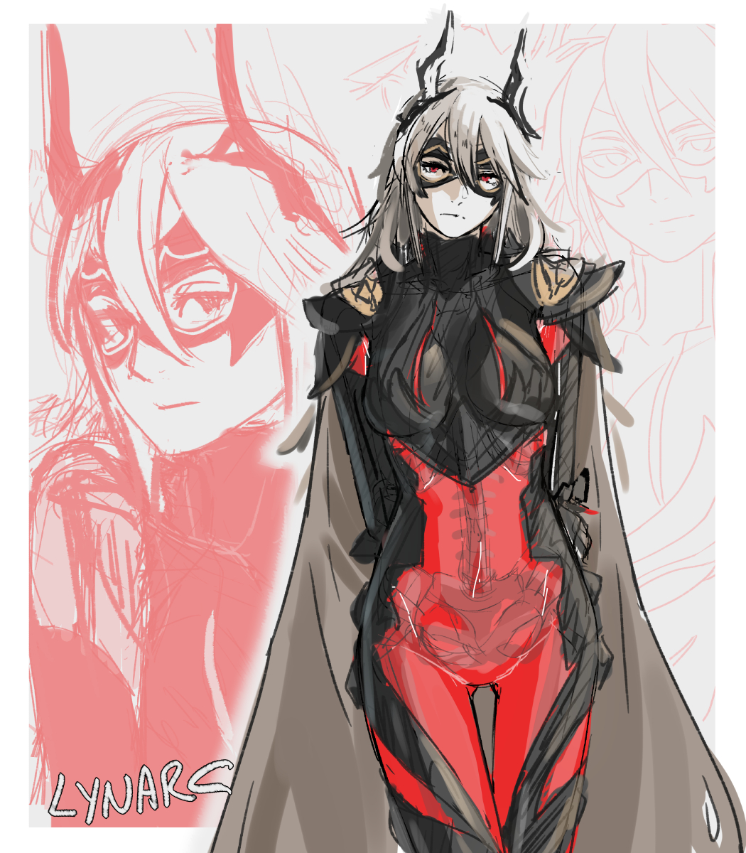 1girl armor arms_behind_back artist_name black_armor black_mask breastplate cape closed_mouth domino_mask fake_horns fire_emblem fire_emblem_heroes grey_hair hair_between_eyes highres horns long_hair looking_at_viewer lynarc mask multiple_views nintendo red_eyes see-through_body skeleton thrasir_(fire_emblem)