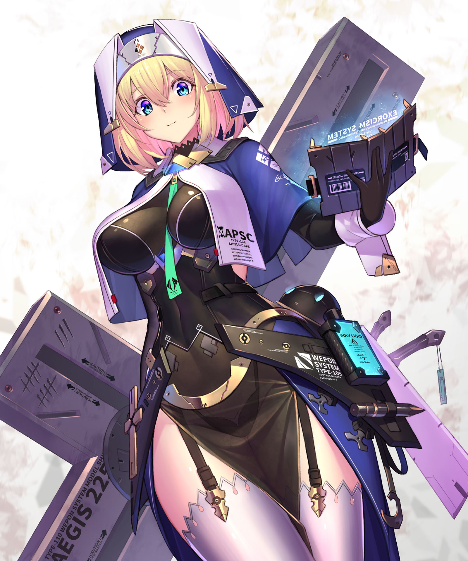 1girl armor armored_dress between_breasts black_dress blonde_hair blue_eyes breasts canteen cleavage coif cross dress garter_straps habit highres impossible_clothes mecha_musume necktie necktie_between_breasts nun original pelvic_curtain see-through_clothes short_hair smile solo sophia_f_shirring stake takamine_nadare thighhighs white_thighhighs