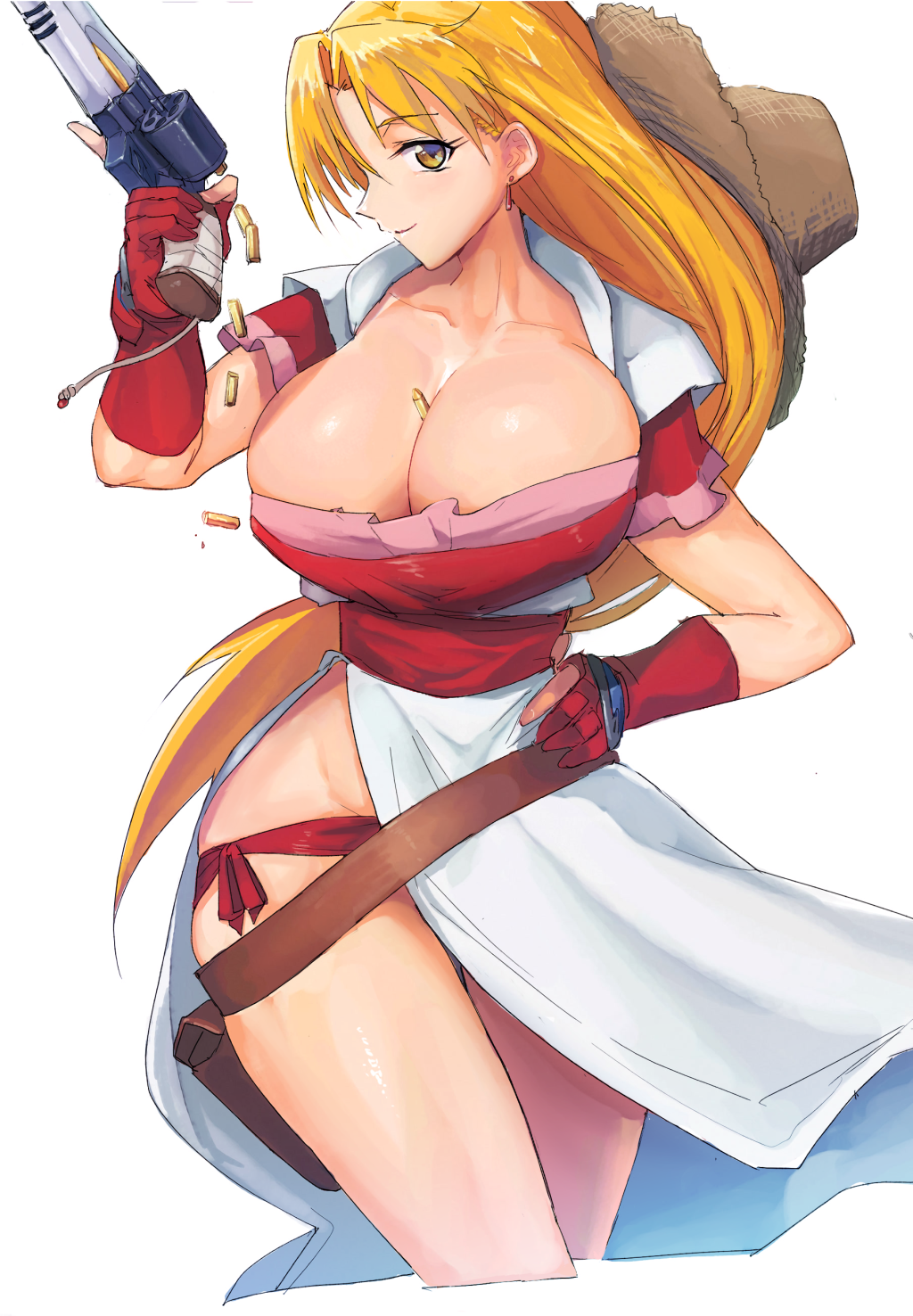 1girl 20s belt bestmembermad between_breasts blonde_hair breasts brown_hat bullet shell_casing cleavage collarbone cowboy_shot crossed_legs curvy dress earrings female_focus fingerless_gloves gloves grenadier_(manga) gun hand_on_own_hip handgun hat head_tilt highres holding holding_gun holding_pistol holding_revolver holding_weapon holster huge_breasts jewelry long_dress long_hair looking_at_viewer lowleg lowleg_panties matching_hair/eyes panties pink_trim pistol red_gloves red_panties red_tunic reloading revolver sash short_sleeves side-tie_panties side_slit simple_background skirt smile solo standing straw_hat tendou_rushuna tunic underwear very_long_hair weapon white_background white_dress yellow_eyes