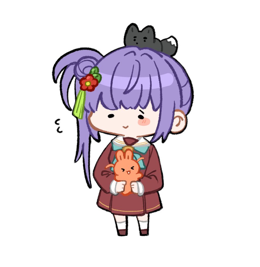 &gt;_&lt; ._. 1girl :&gt; :3 :d animal animal_on_head animalization aqua_neckerchief basil_(wgh0anzdple3asf) blush brown_dress brown_shoes cerise_bouquet chibi chibi_only closed_mouth commentary dress flower flying_sweatdrops fox fox_on_head hair_bun hair_flower hair_ornament hasu_no_sora_school_uniform hinoshita_kaho holding holding_animal holding_rabbit kneehighs link!_like!_love_live! long_hair long_sleeves love_live! medium_dress momose_ginko neckerchief on_head open_mouth otomune_kozue pleated_dress purple_hair rabbit red_flower sailor_collar sailor_dress school_uniform shoes side_ponytail sidelocks simple_background single_side_bun smile socks symbol-only_commentary tassel tassel_hair_ornament two_side_up virtual_youtuber white_background white_sailor_collar white_socks winter_uniform x3 xd
