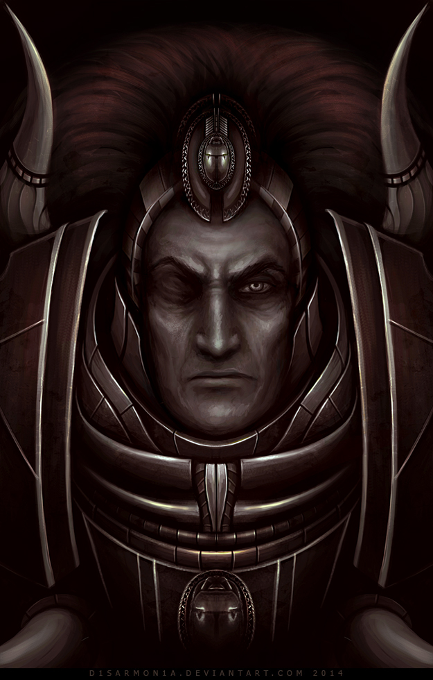 1boy armor black_background breastplate closed_mouth commentary dated deviantart_username english_commentary long_hair looking_at_viewer magnus_the_red male_focus missing_eye monochrome portrait power_armor primarch scarab simple_background solo straight-on thousand_sons veronica_anrathi warhammer_40k watermark web_address