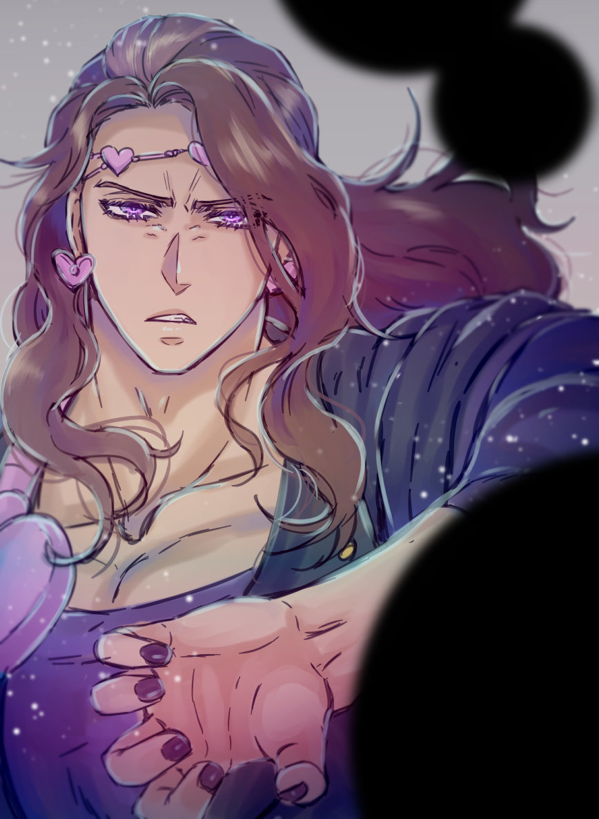 1boy bad_id bad_pixiv_id black_nails brown_hair earrings giga_omega headband heart jewelry jojo_no_kimyou_na_bouken leotard long_hair male_focus nail_polish purple_eyes solo stardust_crusaders vanilla_ice