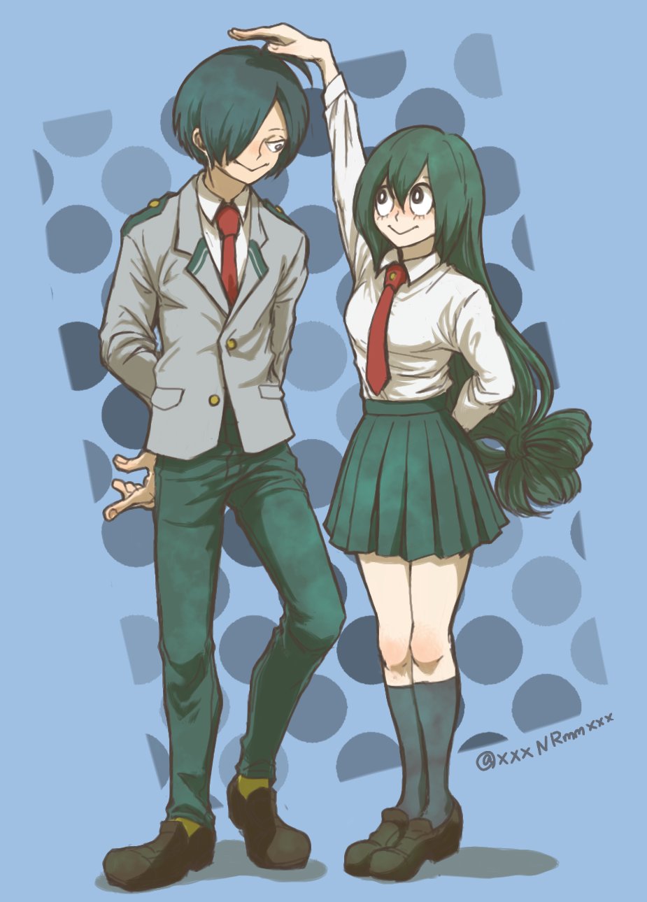 1boy 1girl arms_behind_back asui_tsuyu blue_background blue_hair boku_no_hero_academia collared_shirt commentary_request full_body green_hair hair_between_eyes hair_over_one_eye highres long_hair necktie nikoban red_necktie school_uniform shirt short_hair skirt smile socks twitter_username white_shirt