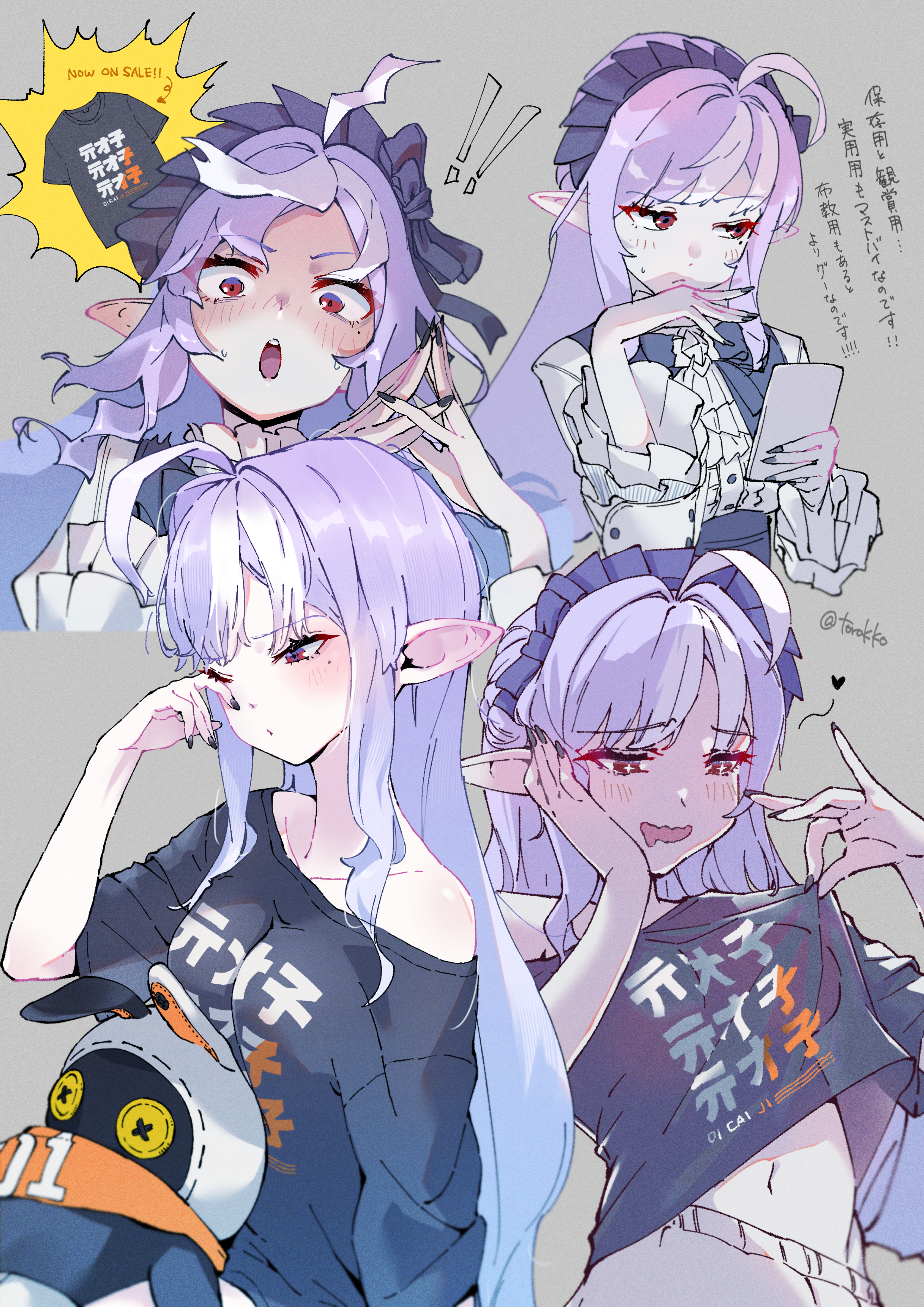 ! !! 1girl absurdres ahoge bangboo_(zenless_zone_zero) black_nails black_shirt character_doll commentary_request doll eous_(zenless_zone_zero) grey_background hairband heart highres holding holding_phone mole mole_under_eye navel phone pointy_ears purple_hair purple_hairband red_eyes rubbing_eyes shirt simple_background single_bare_shoulder steepled_fingers sweatdrop torokko translation_request twitter_username vivian_banshee zenless_zone_zero