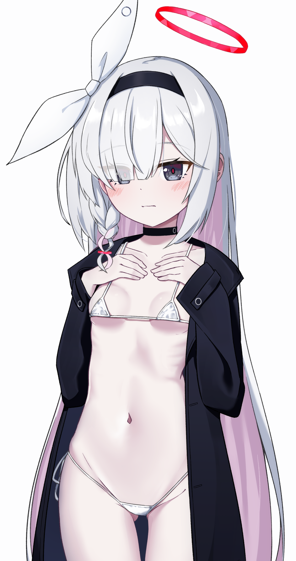 1girl blue_archive breasts flat_chest highres long_hair looking_at_viewer multicolored_hair nenosame open_clothes plana_(blue_archive) small_breasts solo swimsuit swimsuit_under_clothes two-tone_hair white_hair
