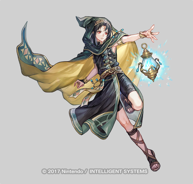 1boy androgynous armlet belt black_hair bracelet cape commentary_request company_name facial_mark fighting_stance fire_emblem fire_emblem:_radiant_dawn fire_emblem_heroes floating floating_object forehead_mark gladiator_sandals glowing green_cape grey_background hood hooded_cape jewelry lantern male_focus nintendo official_art red_eyes sandals senano-yu simple_background soren_(fire_emblem) soren_(khadein)_(fire_emblem) two-sided_cape two-sided_fabric yellow_cape
