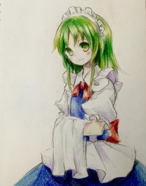 1girl apron blue_dress bow bowtie closed_mouth commentary dress flat_chest green_eyes green_hair kaigen_1025 long_hair maid maid_headdress puffy_short_sleeves puffy_sleeves red_bow red_bowtie ruukoto shirt short_sleeves simple_background smile solo touhou touhou_(pc-98) white_apron white_background white_shirt
