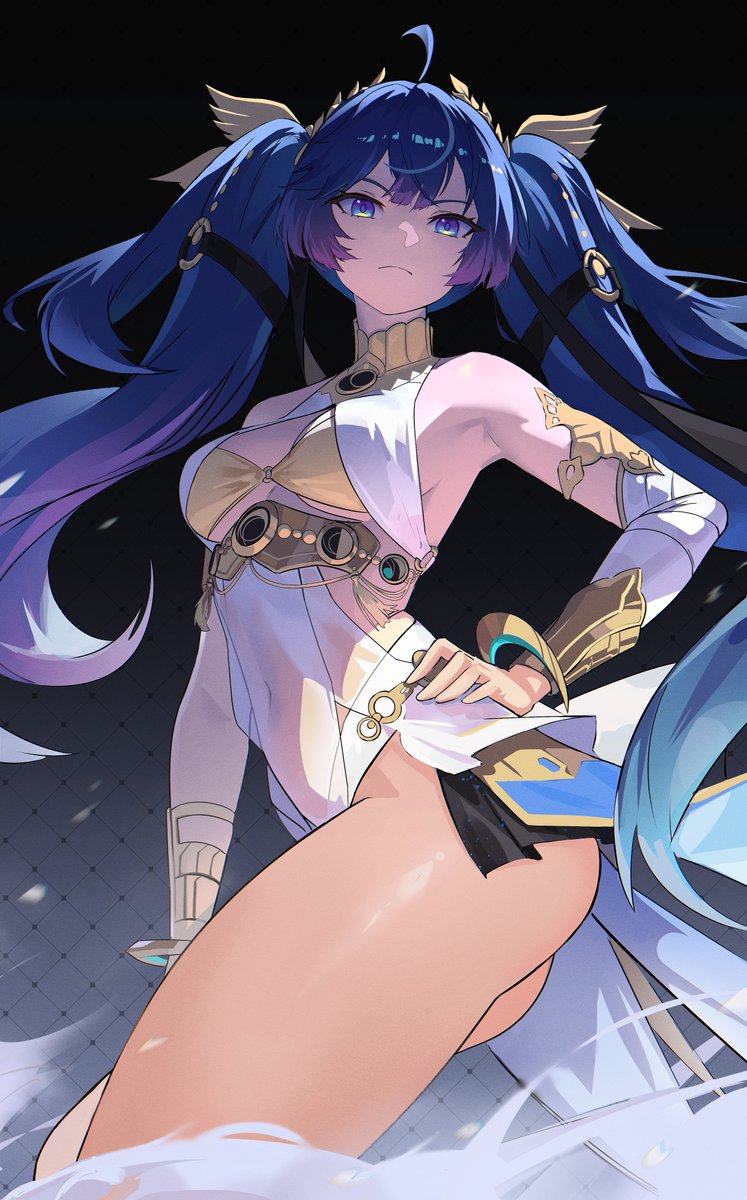 1girl ahoge ancient_greek_clothes ass bare_shoulders black_skirt blue_eyes blue_hair breasts closed_mouth commentary cowboy_shot from_side gold_bra greco-roman_clothes hand_on_own_hip head_wreath highres iuno_(wuthering_waves) long_hair looking_at_viewer medium_breasts pedrost_art showgirl_skirt skirt solo thighs twintails wuthering_waves