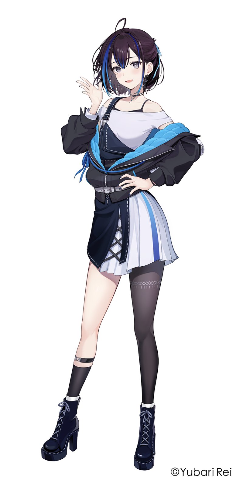 1girl ahoge belt belt_buckle black_hair black_jacket black_nails blue_hair boots bracelet buckle character_name clothes_down commentary_request copyright_notice double-parted_bangs earrings fingernails full_body grey_eyes hair_ribbon half_updo hand_on_own_hip hand_up high_heel_boots high_heels highres indie_virtual_youtuber jacket jewelry kneehighs light_blush long_sleeves looking_at_viewer multicolored_hair necklace off_shoulder official_art open_hand open_mouth quilted_jacket ribbon short_hair simple_background single_kneehigh single_sock single_thighhigh smile socks solo spaghetti_strap streaked_hair suspenders suspenders_slip thighhighs torianco3 virtual_youtuber white_background white_belt yubari_rei