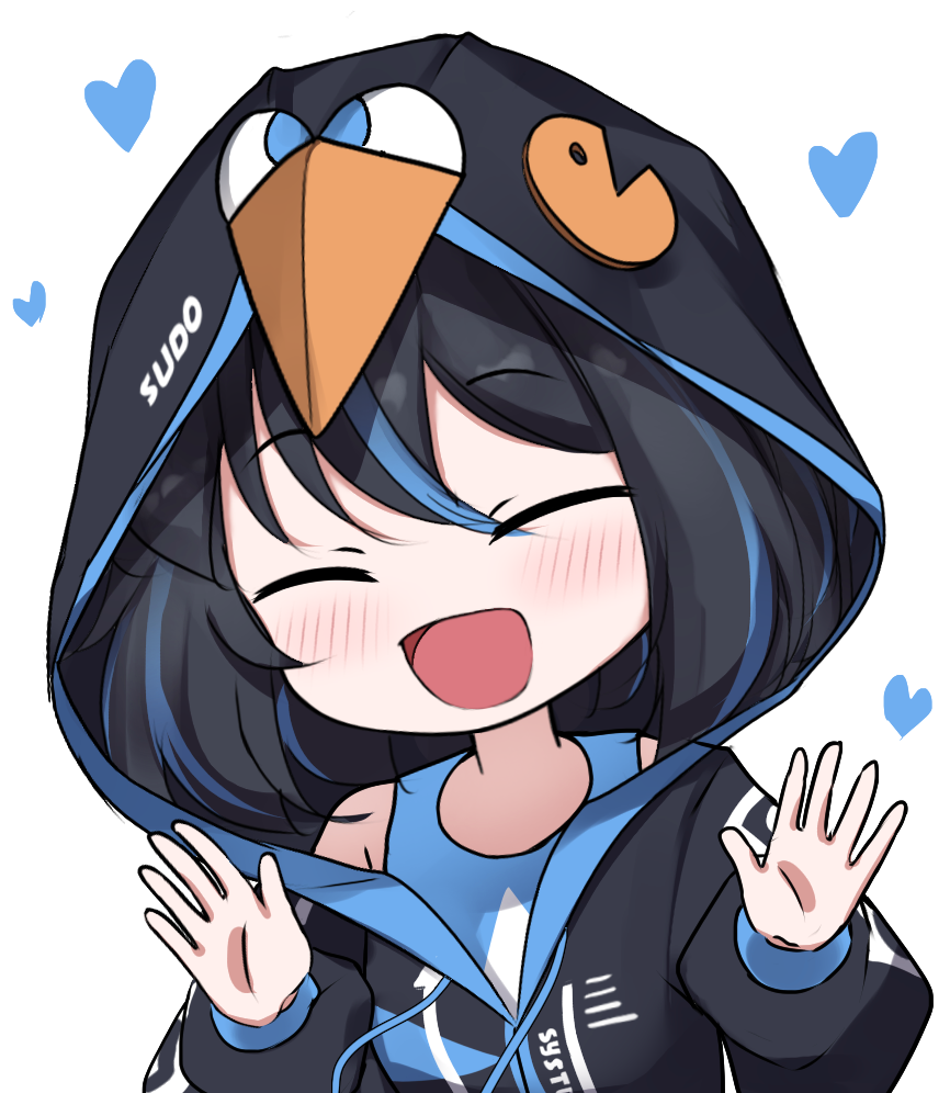 1girl :d animal_hood arch_linux ayaya~ black_hair black_jacket blue_hair blue_tank_top blush breasts closed_eyes commentary heart hood hood_up hooded_jacket jacket krita_(medium) linux long_sleeves medium_hair multicolored_hair open_mouth os-tan puffy_long_sleeves puffy_sleeves raviolimavioli simple_background small_breasts smile solo streaked_hair tank_top two-tone_hair upper_body white_background