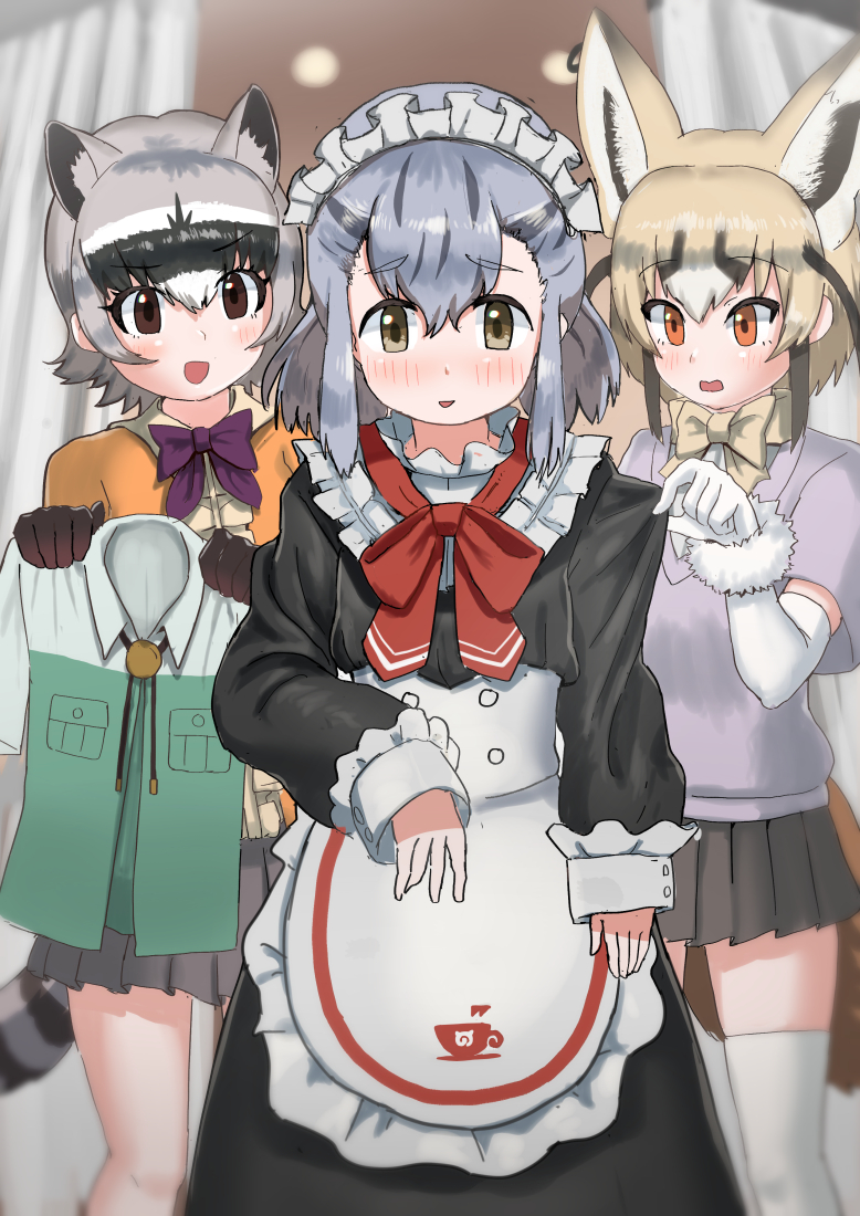 3girls alternate_costume animal_ears apron black_dress blonde_hair blush bow bowtie brown_eyes brown_hair brown_skirt crab-eating_raccoon_(kemono_friends) dress enmaided extra_ears fox_ears fox_girl fox_tail frilled_apron frills green_eyes grey_hair hikari_(kemono_friends) jacket japari_symbol kemono_friends kemono_friends_3 long_sleeves maid maid_headdress multicolored_hair multiple_girls orange_jacket pink_shirt pleated_skirt purple_bow purple_bowtie raccoon_ears raccoon_girl raccoon_tail red_bow red_bowtie rueppell&#039;s_fox_(kemono_friends) safari_jacket shirt short_hair sidelocks skirt tail thighhighs white_apron white_thighhighs yellow_bow yellow_bowtie yellow_shirt yumeumi_sousaku zettai_ryouiki