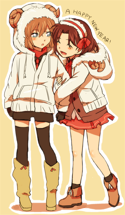 2girls :d :o ankle_boots arm_hug black_gloves black_shorts blue_eyes blush bob_cut boots brown_hair chinese_zodiac closed_eyes curled_horns drawstring fake_horns full_body fur-trimmed_hood fur_trim gloves haibara_ai hair_ribbon hairband hand_on_another&#039;s_arm happy_new_year holding_another&#039;s_arm hood hood_down hooded_jacket horns jacket long_sleeves looking_at_another meitantei_conan mido_(byebyebye03) miniskirt multiple_girls neck_ribbon new_year open_clothes open_jacket open_mouth outline parted_bangs red_ribbon red_skirt ribbon short_hair shorts simple_background skirt smile socks standing thighhighs turtleneck white_jacket white_outline year_of_the_goat yellow_background yellow_boots yoshida_ayumi