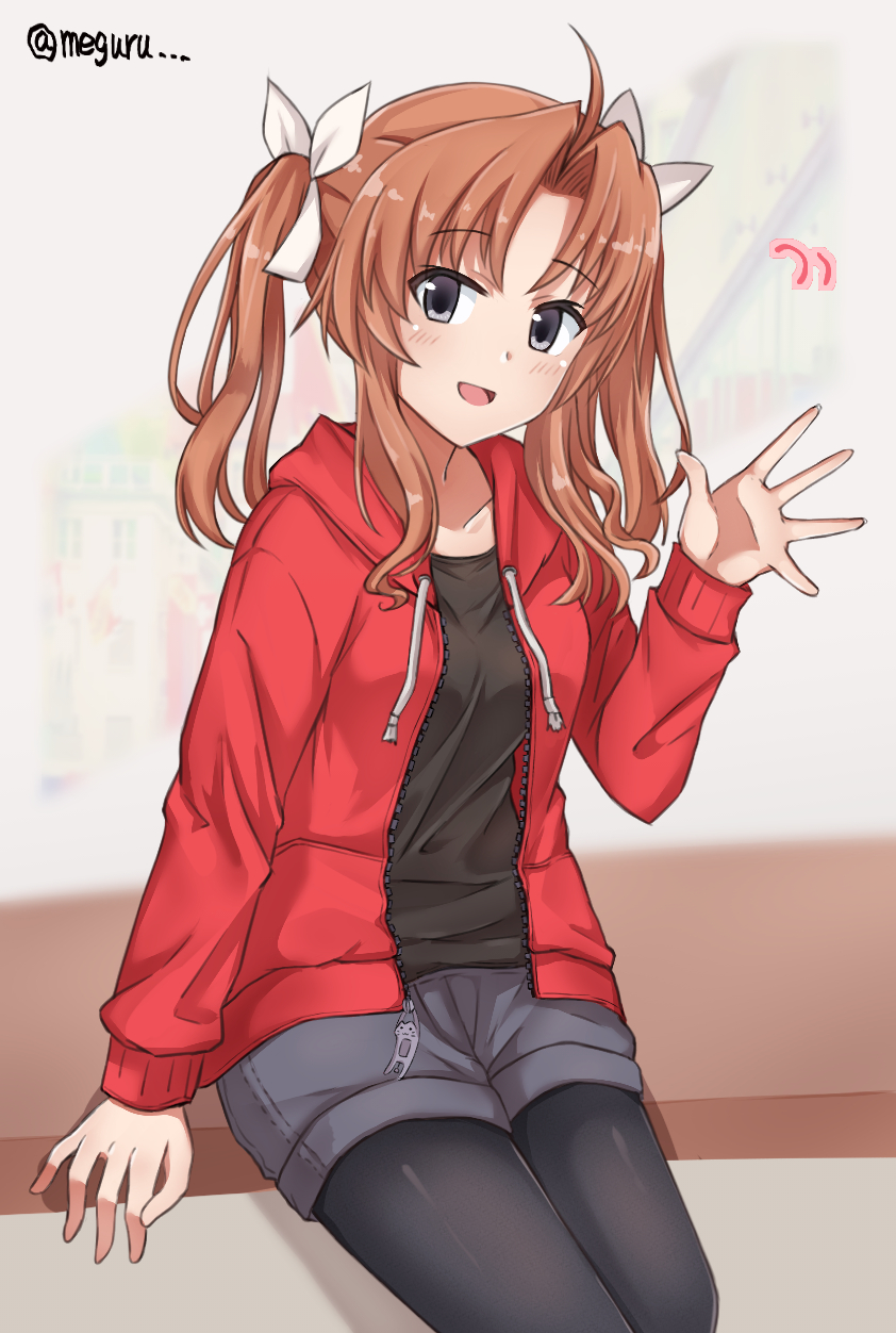 1girl ahoge alternate_costume bad_id bad_twitter_id black_pantyhose black_shirt brown_hair cowboy_shot drawstring female_focus grey_eyes grey_shorts hair_ribbon highres hood hooded_jacket hoodie jacket kagerou_(kancolle) kagerou_kai_ni_(kancolle) kantai_collection long_hair looking_at_viewer meguru_(megurunn) pantyhose red_jacket ribbon shirt shorts solo twintails twitter_username waving white_ribbon zipper zipper_pull_tab