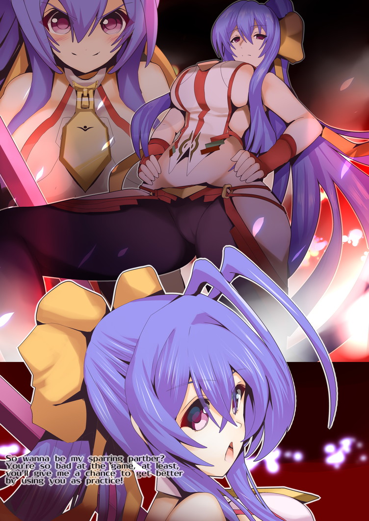 1girl antenna_hair backless_outfit bare_shoulders black_pants blazblue blazblue:_central_fiction blazblue_variable_heart blue_hair blush bow breasts crossed_bangs fingerless_gloves fourth_wall fukui_sora gloves hair_bow halterneck large_breasts long_hair looking_at_viewer lowleg mai_natsume multiple_views open_mouth outseal pants ponytail purple_eyes red_gloves sideboob smile very_long_hair yellow_bow