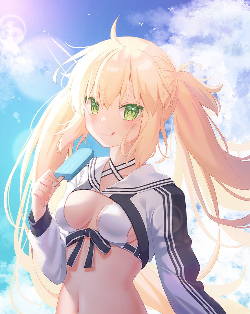 1girl ahoge aro_1801 artoria_caster_(fate) artoria_caster_(swimsuit_berserker)_(fate) artoria_caster_(swimsuit_berserker)_(first_ascension)_(fate) artoria_pendragon_(fate) bikini blonde_hair blush breasts cleavage cropped_jacket fate/grand_order fate_(series) food green_eyes jacket licking_lips long_hair long_sleeves looking_at_viewer navel popsicle shrug_(clothing) smile solo swimsuit tongue tongue_out white_bikini white_jacket