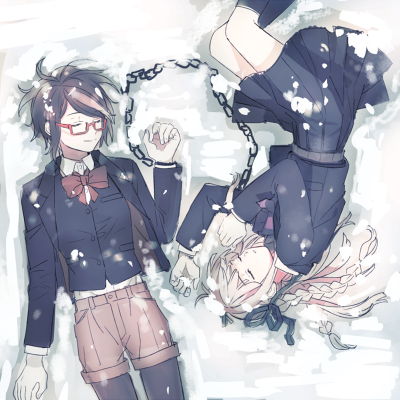 2girls black_skirt blazer braid brown_shorts chain collared_shirt cowboy_shot cuffs danganronpa danganronpa:_trigger_happy_havoc danganronpa_(series) danganronpa_kirigiri dg_xhs from_above glasses hair_ribbon jacket kirigiri_kyoko long_hair long_sleeves lowres lying multicolored_hair multiple_girls on_back on_side outdoors pleated_skirt red-framed_eyewear ribbon samidare_yui shirt short_hair shorts skirt sleeping smile snow streaked_hair twin_braids upside-down
