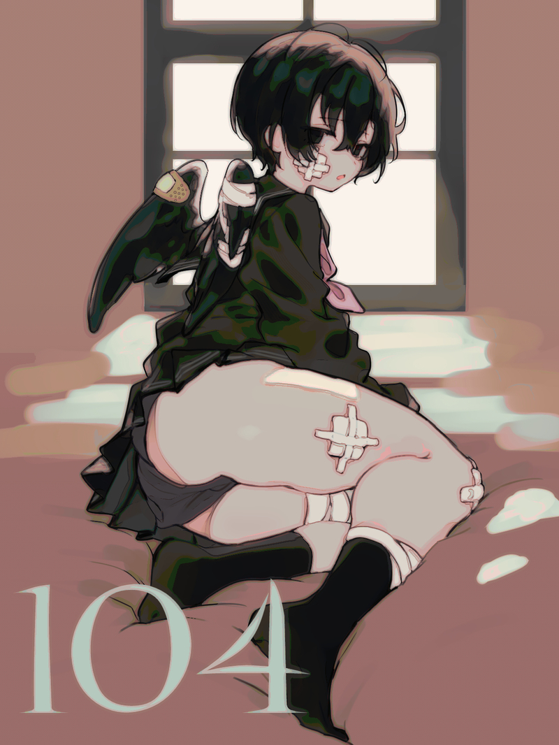 1boy bandaged_leg bandaged_wings bandages bandaid_on_wing black_eyes black_hair black_panties black_sailor_collar black_socks black_wings crossdressing crossdressing_(mtf) gauze gauze_on_cheek gauze_on_knee gauze_on_leg limbus_company long_sleeves neckerchief open_mouth panties pink_neckerchief project_moon sailor_collar sitting socks solo underwear window wings y0ru73 yi_sang_(project_moon) yokozuwari